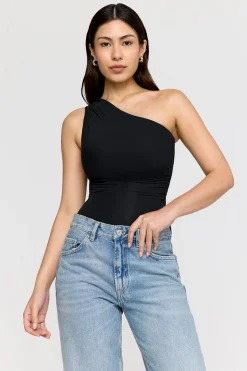 365 Asymmetric Ruched Side Bodysuit - Shadow Black