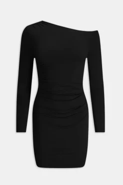 365 Asymmetric Ruched Side Long Sleeve Mini Dress - Shadow Black