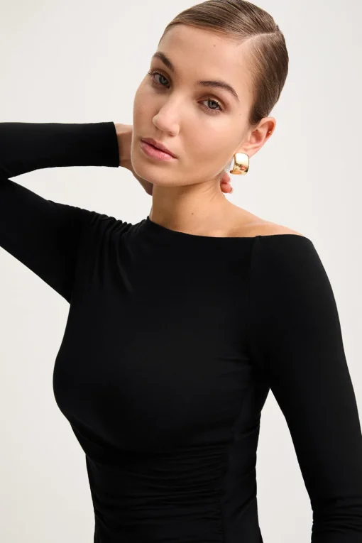 365 Asymmetric Ruched Side Long Sleeve Mini Dress - Shadow Black