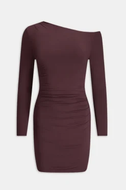 365 Asymmetric Ruched Side Long Sleeve Mini Dress - Mulled Wine