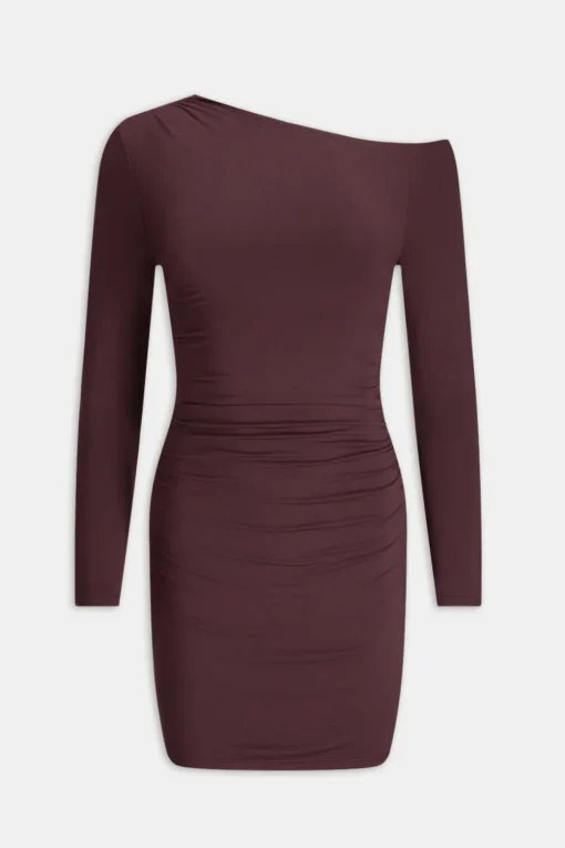 365 Asymmetric Ruched Side Long Sleeve Mini Dress - Mulled Wine