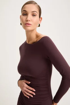 365 Asymmetric Ruched Side Long Sleeve Mini Dress - Mulled Wine