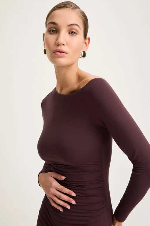 365 Asymmetric Ruched Side Long Sleeve Mini Dress - Mulled Wine