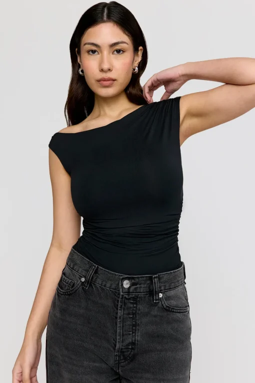 365 Asymmetric Ruched Side Top - Shadow Black