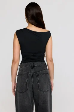 365 Asymmetric Ruched Side Top - Shadow Black