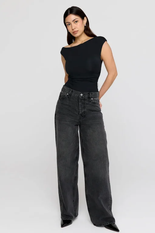 365 Asymmetric Ruched Side Top - Shadow Black