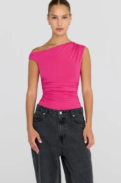 365 Asymmetric Ruched Side Top - Hot Pink