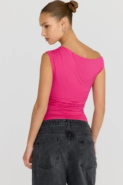 365 Asymmetric Ruched Side Top - Hot Pink