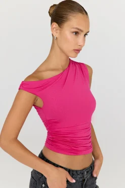 365 Asymmetric Ruched Side Top - Hot Pink