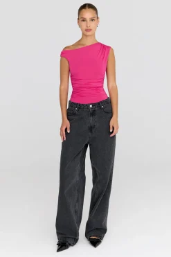 365 Asymmetric Ruched Side Top - Hot Pink