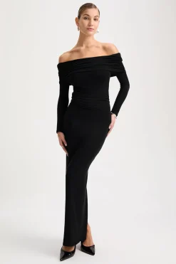 365 Ruched Side Bardot Maxi Dress - Shadow Black