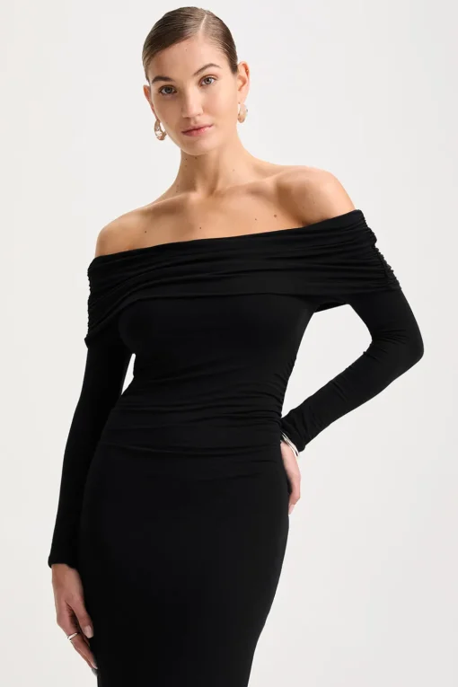 365 Ruched Side Bardot Maxi Dress - Shadow Black