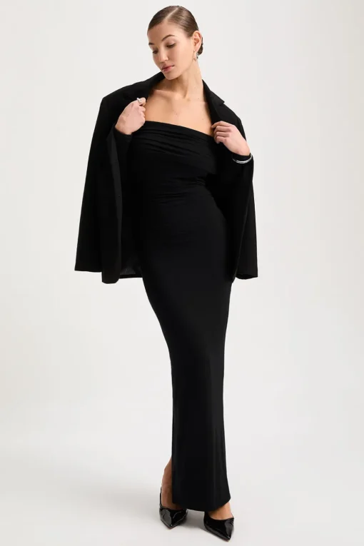 365 Ruched Side Bardot Maxi Dress - Shadow Black