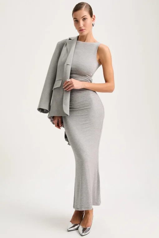 365 Ruched Side Boat Neck Maxi Dress - Grey Marl