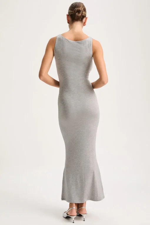 365 Ruched Side Boat Neck Maxi Dress - Grey Marl