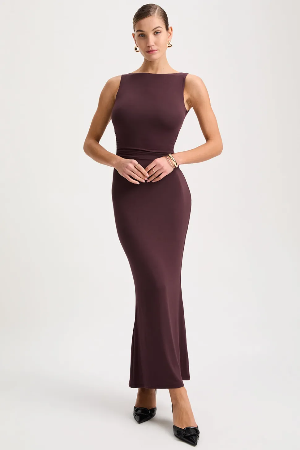 365 Ruched Side Boat Neck Maxi Dress - Mulled Wine