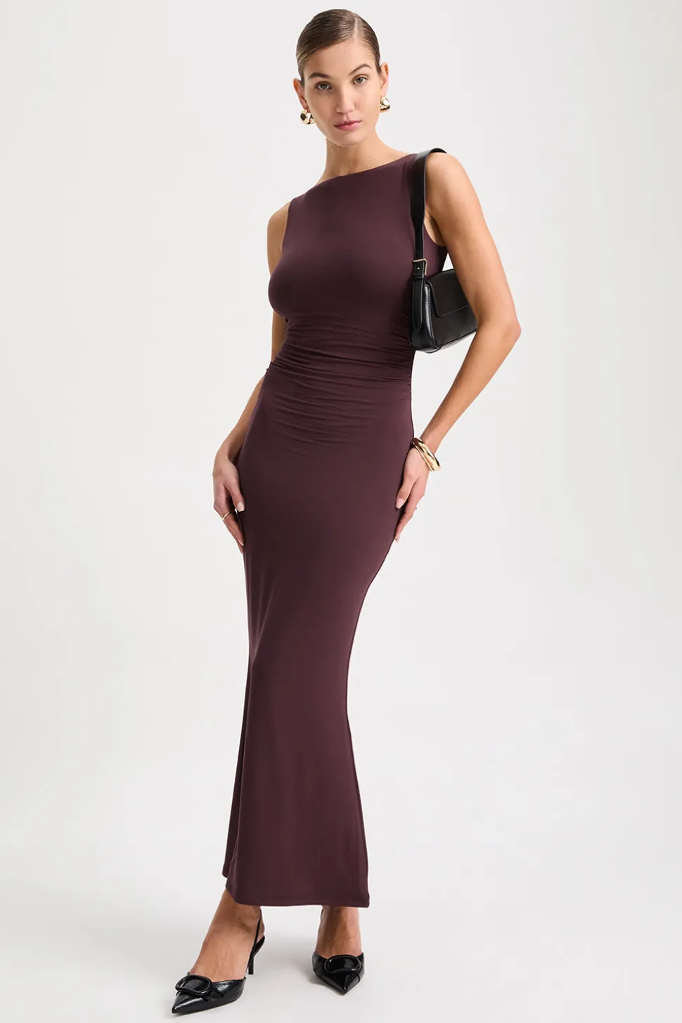 365 Ruched Side Boat Neck Maxi Dress - Mulled Wine