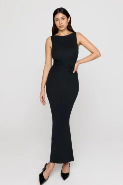 365 Ruched Side Boat Neck Maxi Dress - Shadow Black