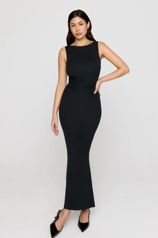 365 Ruched Side Boat Neck Maxi Dress - Shadow Black