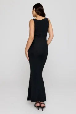 365 Ruched Side Boat Neck Maxi Dress - Shadow Black