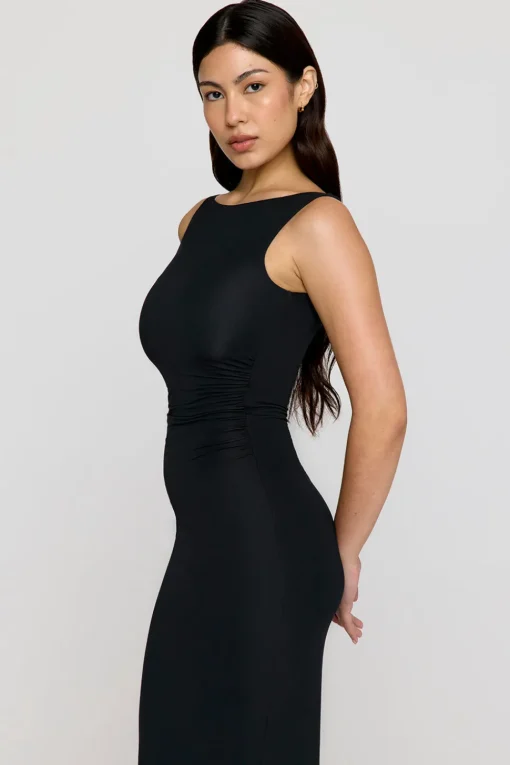 365 Ruched Side Boat Neck Maxi Dress - Shadow Black