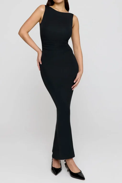 365 Ruched Side Boat Neck Maxi Dress - Shadow Black