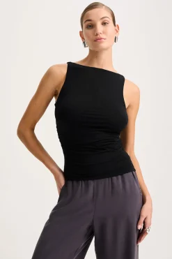 365 Ruched Side Boat Neck Top - Shadow Black