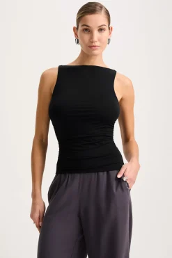 365 Ruched Side Boat Neck Top - Shadow Black