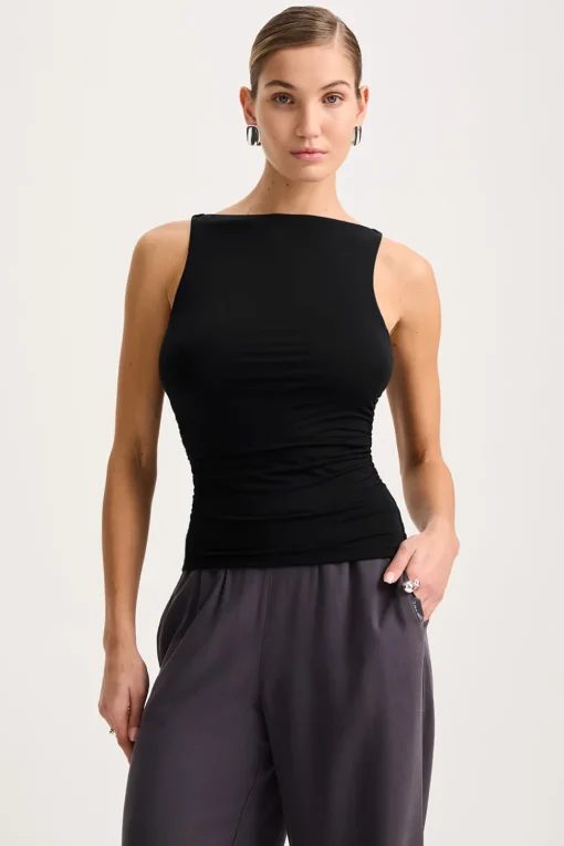 365 Ruched Side Boat Neck Top - Shadow Black