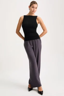 365 Ruched Side Boat Neck Top - Shadow Black