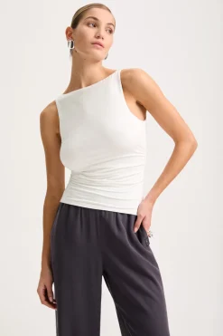 365 Ruched Side Boat Neck Top - Coconut Milk