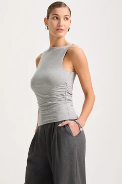 365 Ruched Side Boat Neck Top - Grey Marl