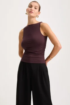 365 Ruched Side Boat Neck Top - Mulled Wine