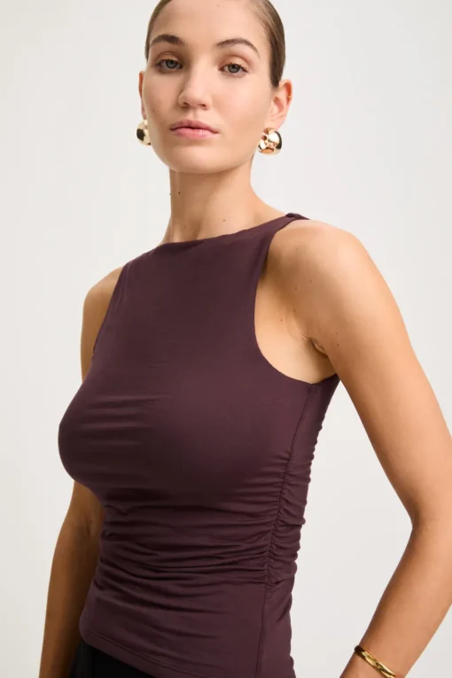 365 Ruched Side Boat Neck Top - Mulled Wine