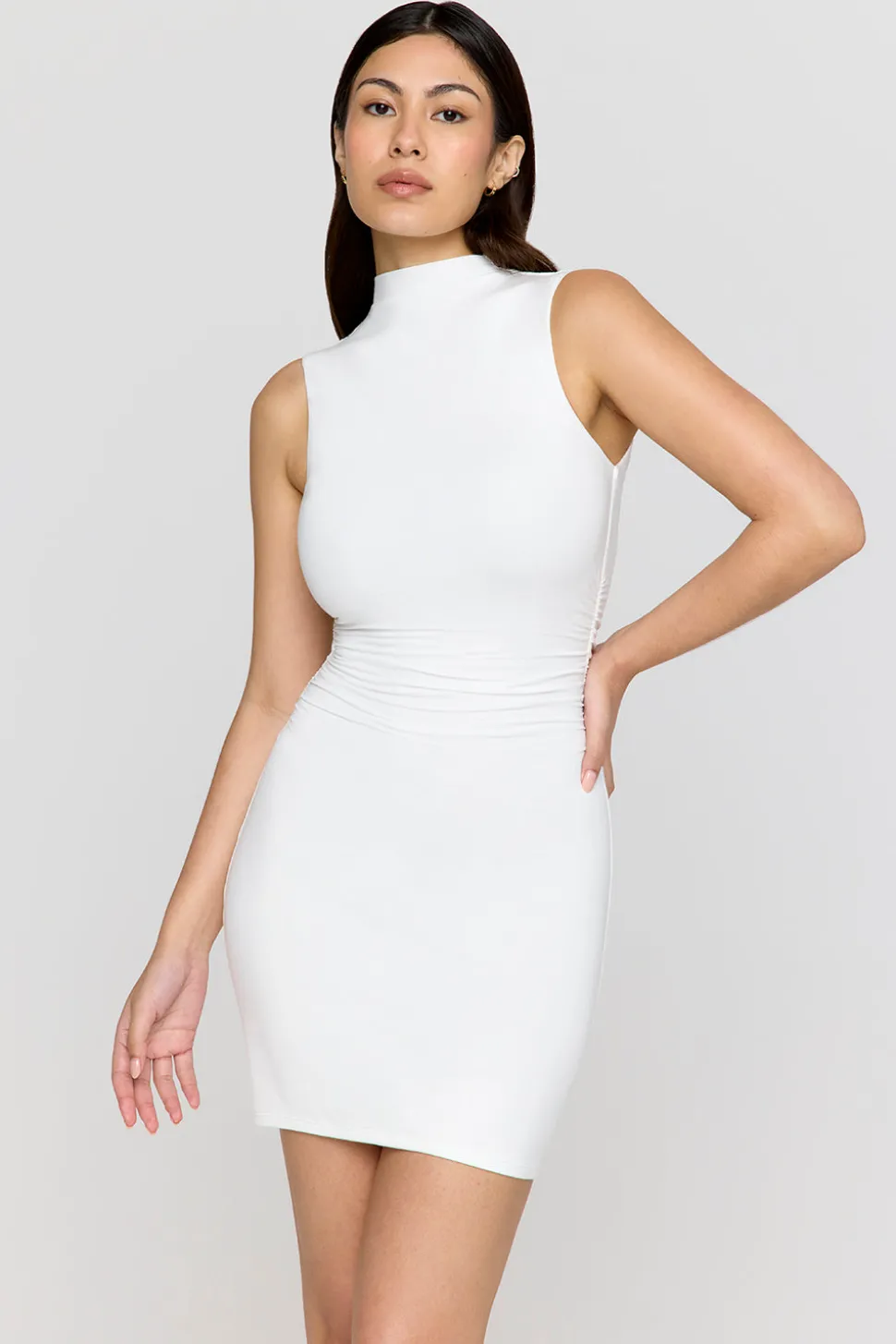 365 Ruched Side Mock Neck Mini Dress - Coconut Milk