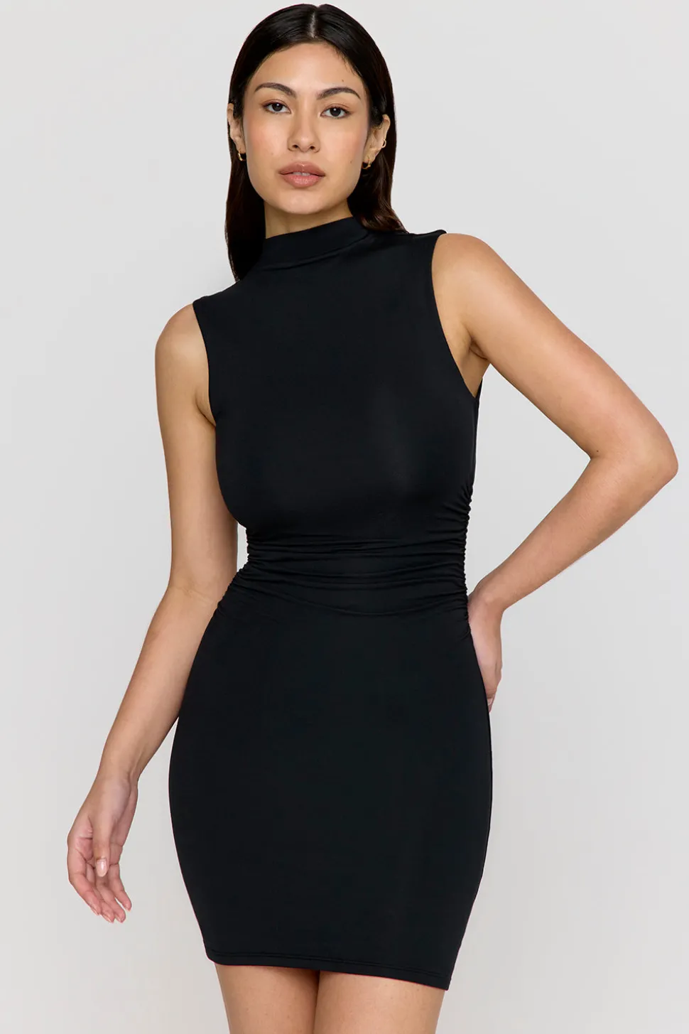365 Ruched Side Mock Neck Mini Dress - Shadow Black