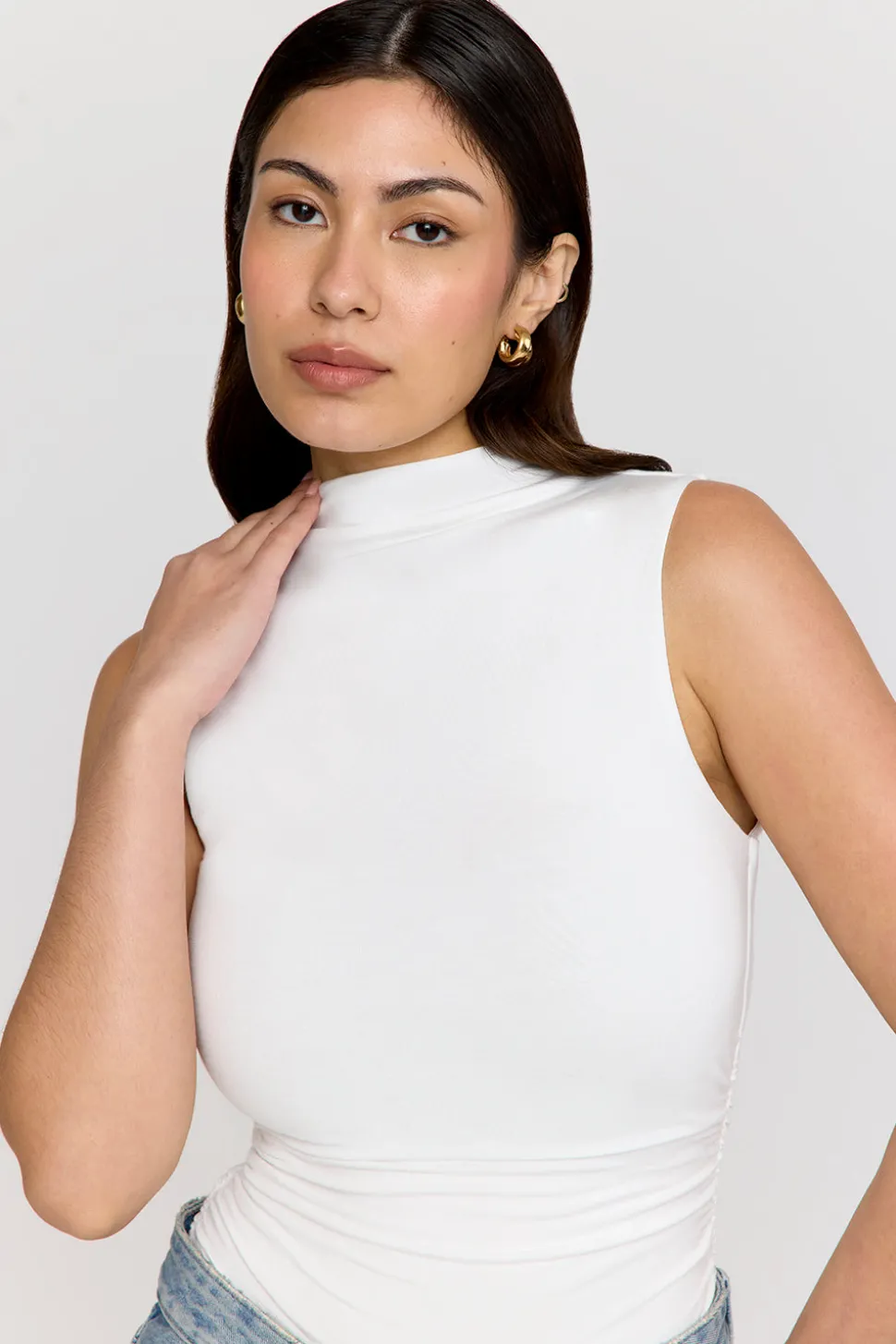 365 Ruched Side Mock Neck Top - Coconut Milk