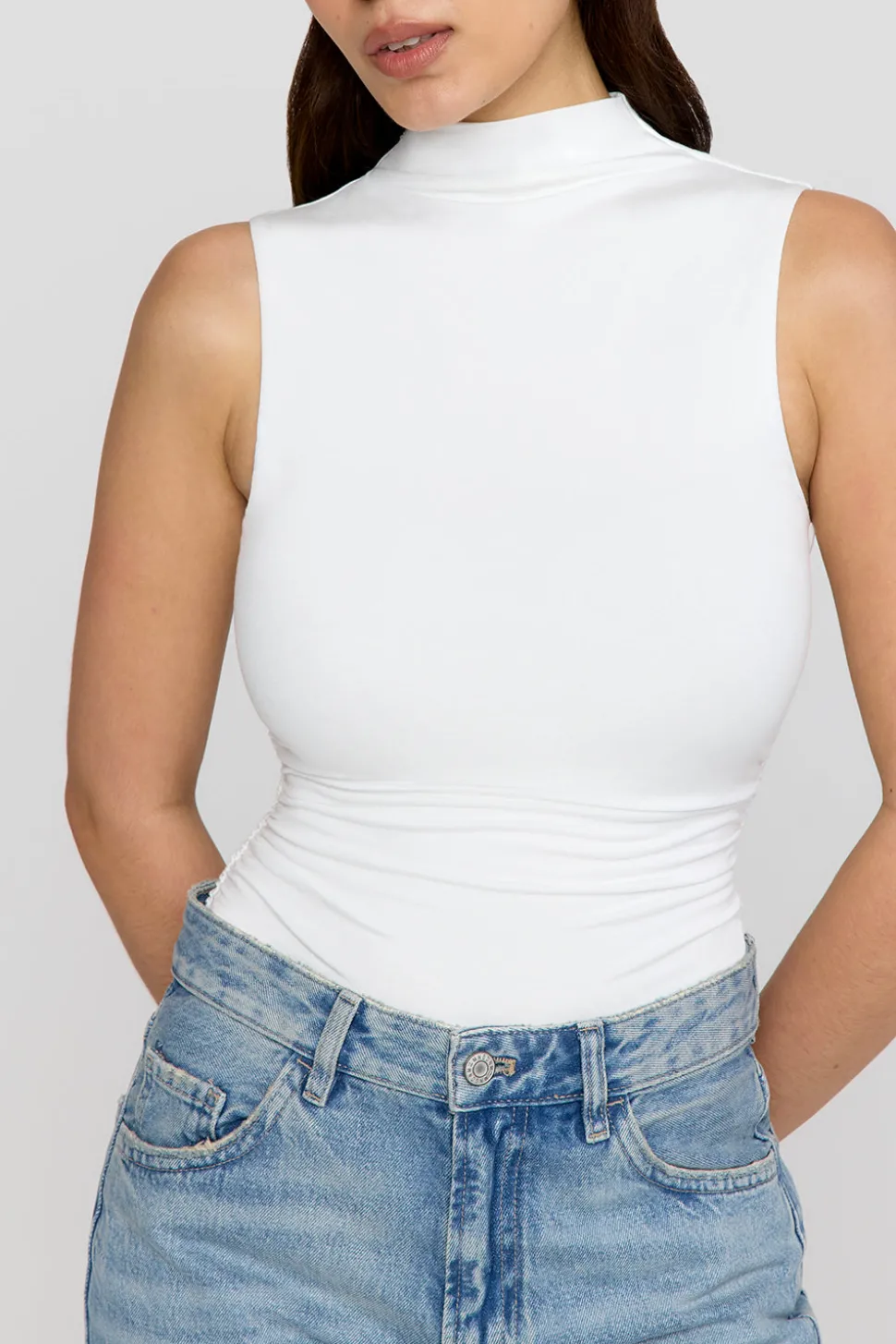 365 Ruched Side Mock Neck Top - Coconut Milk