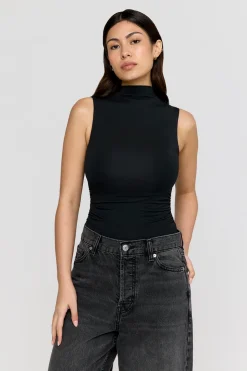 365 Ruched Side Mock Neck Top - Shadow Black