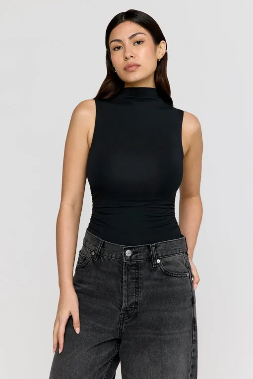 365 Ruched Side Mock Neck Top - Shadow Black