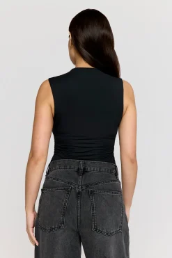 365 Ruched Side Mock Neck Top - Shadow Black