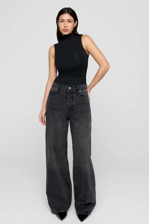 365 Ruched Side Mock Neck Top - Shadow Black