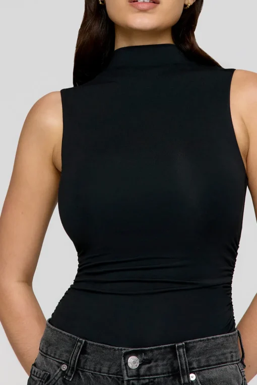 365 Ruched Side Mock Neck Top - Shadow Black