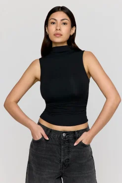 365 Ruched Side Mock Neck Top - Shadow Black