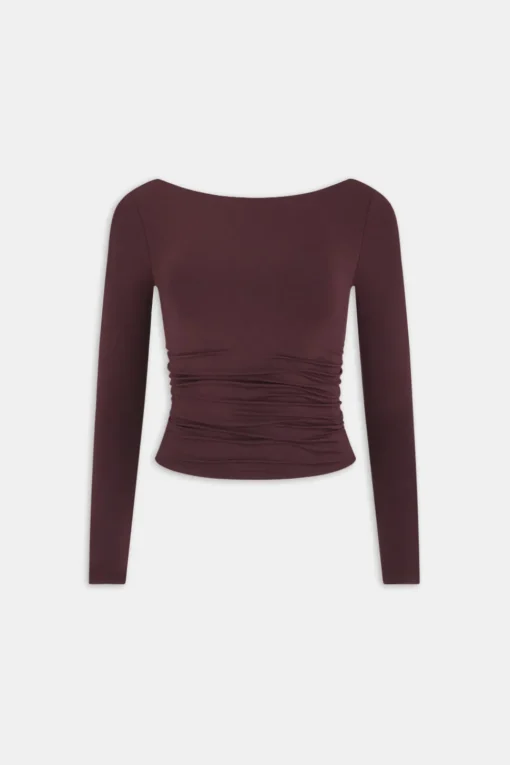 365 Ruched Side Open Back Long Sleeve Top - Mulled Wine