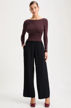 365 Ruched Side Open Back Long Sleeve Top - Mulled Wine
