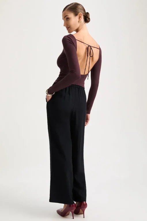 365 Ruched Side Open Back Long Sleeve Top - Mulled Wine