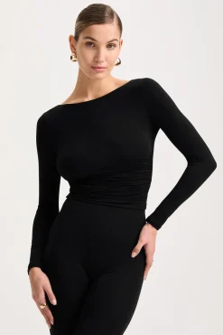 365 Ruched Side Open Back Long Sleeve Top - Shadow Black