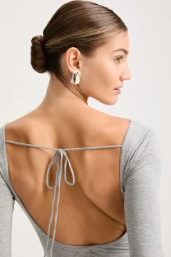 365 Ruched Side Open Back Long Sleeve Top - Grey Marl