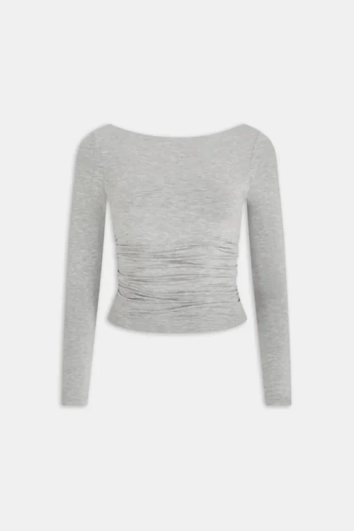 365 Ruched Side Open Back Long Sleeve Top - Grey Marl
